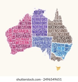 Australia regions word cloud. Country logo design. Regions typography style vector image. Australia colored text cloud. Amazing vector illustration.