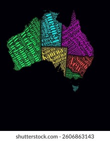 Australia Regions Word Clouds. Bright neon style design on dark background. Region names of the country in English language. Country shape with administrative division. Classy vector illustration.