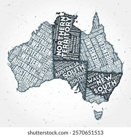 Australia regions word clouds. Country shape on textured background. Australia design in typographic style. Elegant vector illustration.