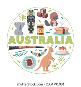 Australia round background with koala ancient wooden mask didjeridoo boomerang vegemite national sweet pastry cartoon flat vector illustration icons