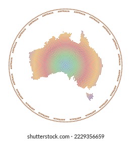 Australien rund Logo. Digitale Form Australiens in gepunktetem Kreis mit Ländernamen. Das technische Symbol des Landes mit gestuften Punkten. Moderne Vektorgrafik.