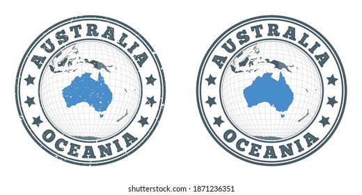 Australia round logos. Circular badges of country with map of Australia in world context. Plain and textured country stamps. Vector illustration.