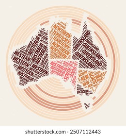 Australia Round Poster. Typography style image of Country. Regions word clouds of Australia. Vintage image design with scratch texture.