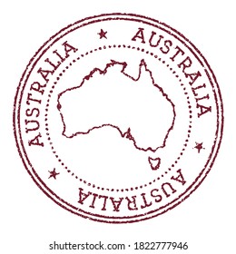 Australia round rubber stamp with country map. Vintage red passport stamp with circular text and stars, vector illustration.
