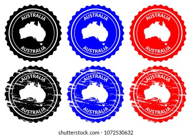 Australia - rubber stamp - vector, Australia continent map pattern - sticker - black, blue and red
