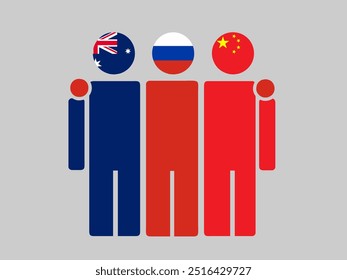Australia, Russia, and China National Flags With Embracing Body. Vector Illustration. Isolated background.