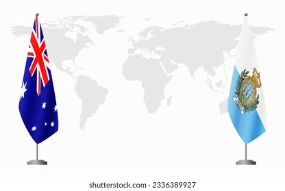 Australia and San Marino flags for official meeting against background of world map.