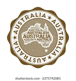 Australien versiegelt. Country round Logo mit Form von Australien und Ländernamen in mehreren Sprachen WordCloud. Schönes Emblem. Leistungsstarke Vektorgrafik.