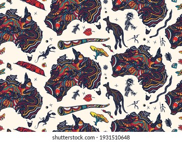 Australia seamless pattern. Ethnic Australian map, rock painting, kangaroo, didgeridoo. Colorful background 
