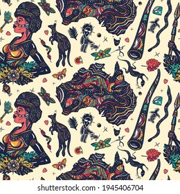 Australia seamless pattern. Ethnic Australian woman in traditional costume. Map, kangaroo, didgeridoo, map. Old school tattoo vector graphics