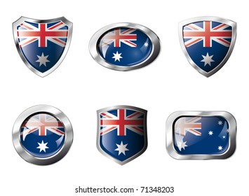 Australia set shiny buttons and shields of flag with metal frame - vector illustration. Isolated abstract object against white background.