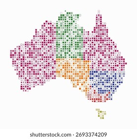 Australia, forma de la construcción del país de células de color. Mapa de estilo digital de Australia sobre fondo blanco. Bloques cuadrados de tamaño Pequeño. Una Ilustración vectorial increíble.