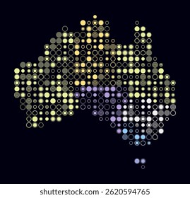 Australia, shape of the country built of colored cells. Digital style map of Australia on a dark background. Large size circle blocks. Trending vector illustration.