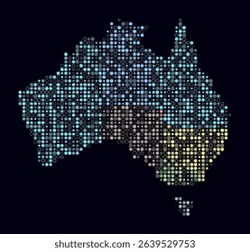 Australia, shape of the country built of colored cells. Digital style map of Australia on dark background. Small size circle blocks. Vibrant vector illustration.