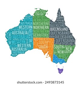 Forma Australia. Nube de palabras de Country con división regional. Ilustración coloreada de Australia. Nube de nombres de región. Ilustración vectorial.