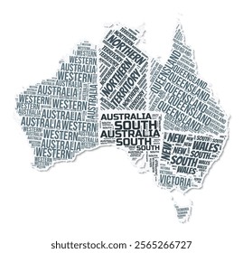 Australia shape text cloud. Country border with shadow on white background. Australia with regions division in vintage gazette style. Stylish vector illustration.