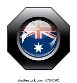 Australia shiny button flag with black frame -  vector illustration. Isolated abstract object against white background.
