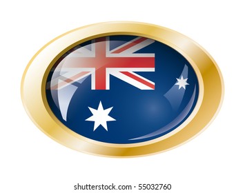 Australia shiny button flag with golden ring vector illustration. Isolated abstract object against white background.