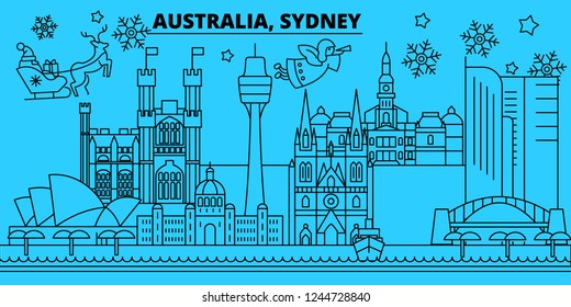 Australia, Sidney city winter holidays skyline. Merry Christmas, Happy New Year decorated banner with Santa Claus.Flat, outline vector.Australia, Sidney city linear christmas city illustration