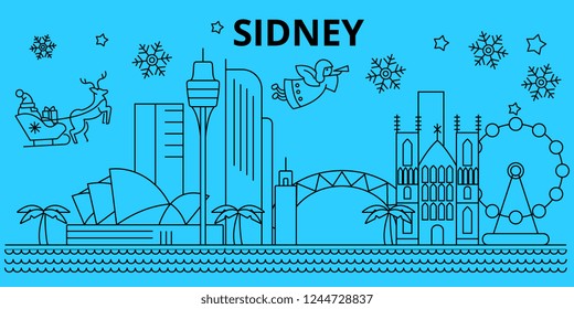 Australia, Sidney winter holidays skyline. Merry Christmas, Happy New Year decorated banner with Santa Claus.Flat, outline vector.Australia, Sidney linear christmas city illustration