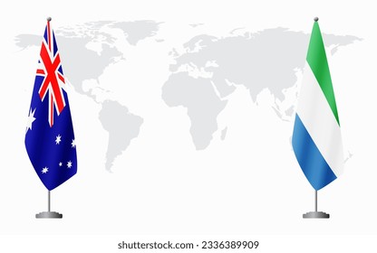 Australia and Sierra Leone flags for official meeting against background of world map.