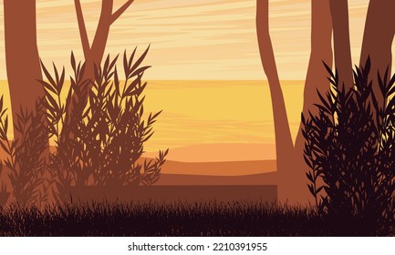 Australia silhouette. Coast of the sea or ocean with tropical trees and shrubs. Realistic vector landscape