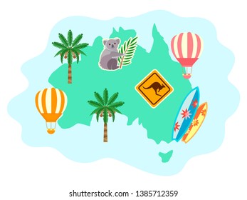 Australia silhouette with flora and fauna, palm trees, Koala and kangaroo warning sign, as well as serving boards and balloons. Concept Travel around the world for posters, banners and social media.