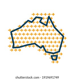 Australia simple outline map with yellow direction guide arrows.