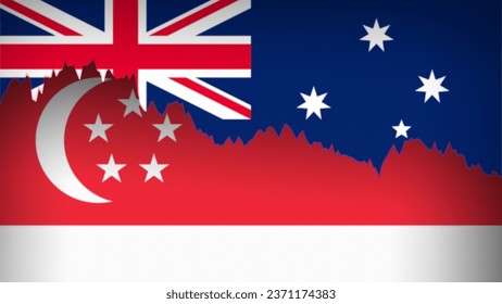 Australia and Singapore, flags depicted on the price line chart. Fluctuation graph with a bearish trend. Financial and Economic relations concept.