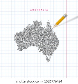 Australia sketch scribble map drawn on checkered school notebook paper background. Hand drawn vector map of Australia. Realistic 3D pencil with rubber.