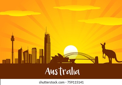 Espléndida silueta de Australia y emblemático vector para la ilustración de moda Flat, Viajes a Australia, ilustración web de publicidad, vacaciones de verano y banner de viaje.