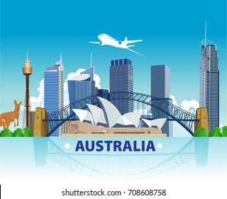 Australia Skyline And Landmark Vector For Flat Trendy Illustration, Travel To Australia, Advertising Web Illustration, Summer Vacation And Traveling Banner.