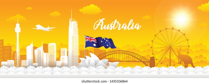 Australia skyline landmark and words welcome to Australia vector for Flat trendy illustration, Travel to Australia, Advertising web illustration, Summer vacation and Travelling banner.