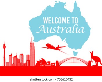 Australia skyline landmark and words welcome to Australia vector for Flat trendy illustration, Travel to Australia, Advertising web illustration, Summer vacation and Traveling banner.