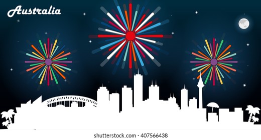 Australia skyline silhouette, dark night sky with fireworks vector design