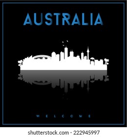 Australia, skyline silhouette vector design on parliament blue and black background.