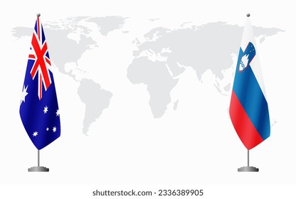 Australia and Slovenia flags for official meeting against background of world map.