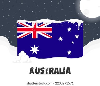 Australia snowy weather concept, cold weather and snowfall, Australia weather forecast winter banner idea, snow cap on flag with snowballs and moon, blizzard and adverse weather conditions