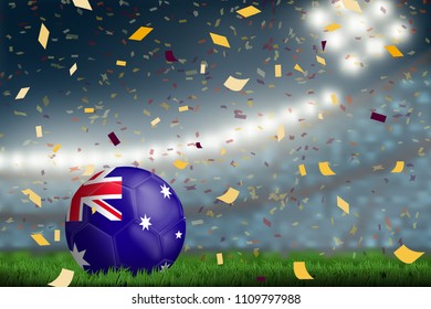 Australia soccer ball on field in soccer stadium to celebrate for football match result with spot light background. Design for banner, poster of nation championship template in vector illustration