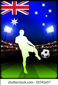 Australia Soccer Player on Stadium Background with Flag Original Illustration