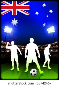 Jugador de fútbol de Australia con fondo de estadio con bandera Ilustración original