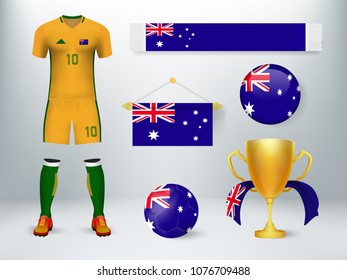 Australia soccer set collection. Concept design of soccer elements with uniform,exchange flag,soccer ball,cheering scarf and trophy cup with flag in vector illustration