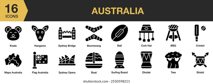 Conjunto de ícones sólidos da Austrália. Inclui coala, ponte sydney, canguru, mapas, bumerangue, bola, barco e muito mais. Coleção vetorial de ícones sólidos.