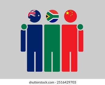 Australia, South Africa, and China National Flags With Embracing Body. Vector Illustration. Isolated background.