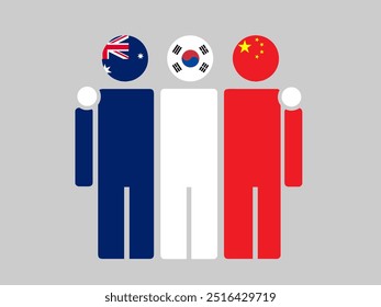 Australia, South Korea, and China National Flags With Embracing Body. Vector Illustration. Isolated background.