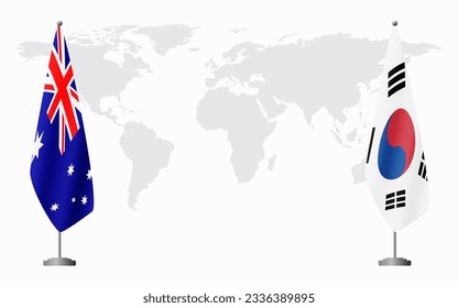 Australien und Südkorea Flaggen für offizielle Treffen auf dem Hintergrund der Weltkarte.