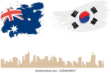 Australia and South Korea  Vector Flag with the background of Buildings. Vector Illustration