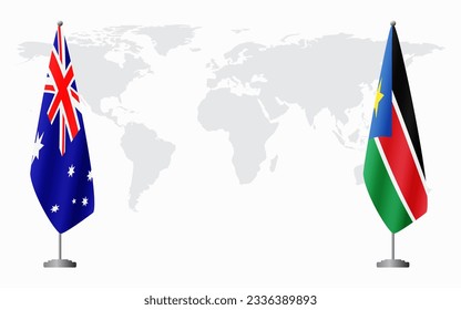 Australia and South Sudan flags for official meeting against background of world map.