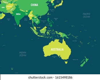 Australia And Southeast Asia Map - Green Hue Colored On Dark Background. High Detailed Political Map Of Australian And Southeastern Asia Region With Country, Capital, Ocean And Sea Names Labeling.