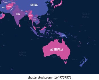 Australia and Southeast Asia map. High detailed political map of australian and southeastern Asia region with country, capital, ocean and sea names labeling.